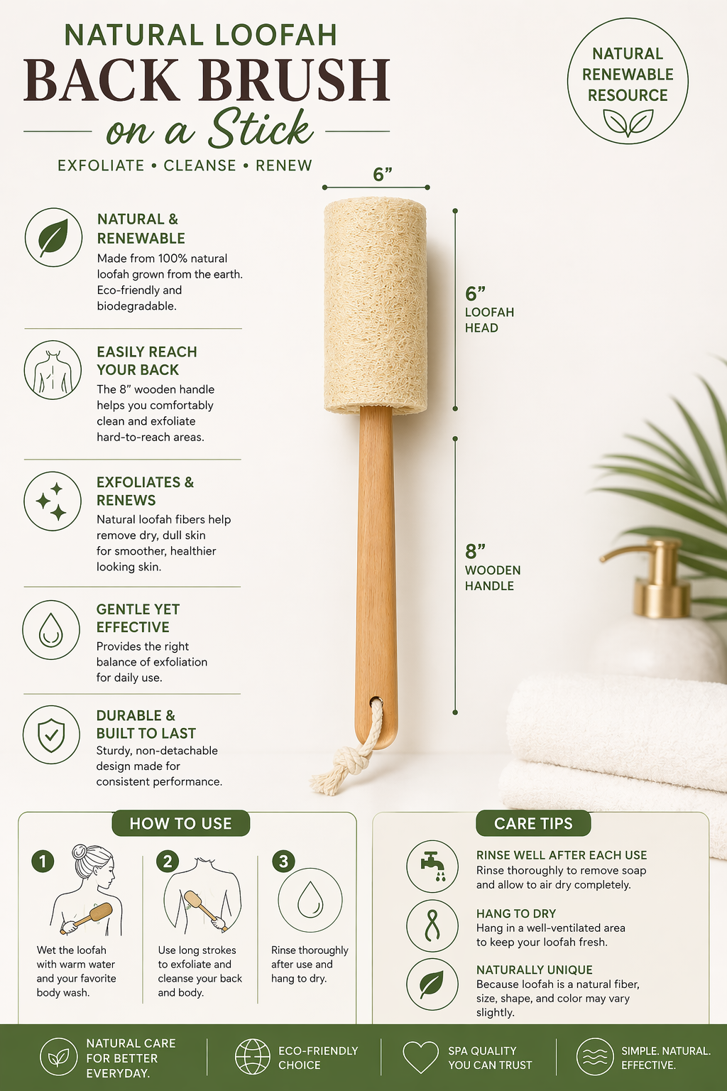 Natural Loofah Back Brush on a Stick – 6″ Loofah Head with 8″ Wooden Handle – Exfoliating Back Scrubber for Smooth, Refreshed Skin for Men and Women