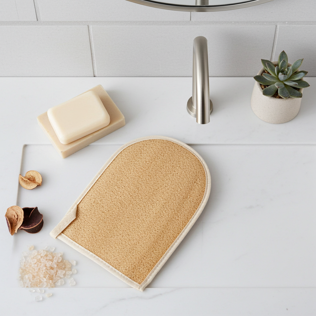 Natural Loofah Mitt with Terry Back | Firm Exfoliation Glove for Bath & Shower Deep Cleansing