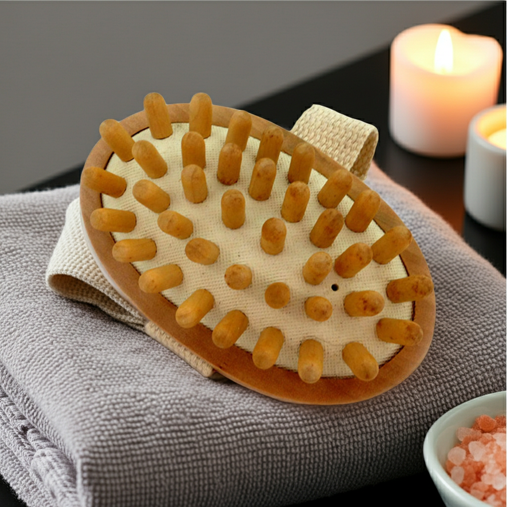 Cellulite Massage & Circulation Brush with Wooden Handle & Hand Strap – Body Sculpting Massage Brush with 38 Wooden Nodes – Wet or Dry Use