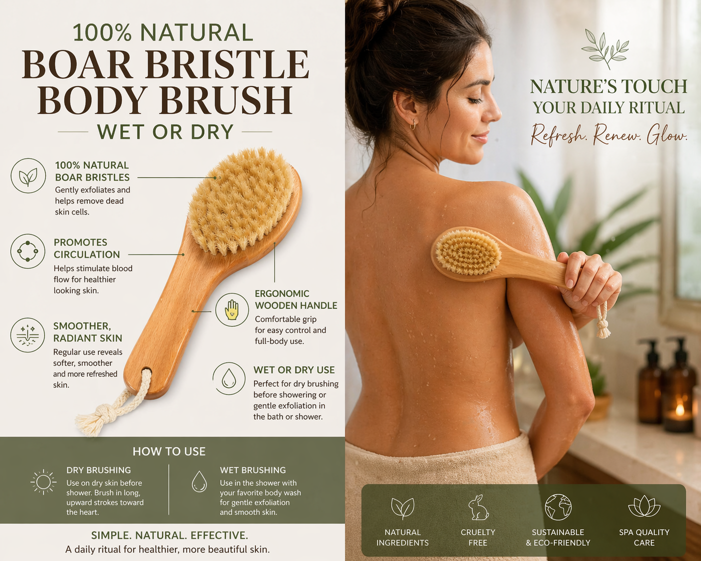 2 Pack Natural Boar Bristle Body Brushes – Wet or Dry Brushing – Wooden Handle Exfoliating for Men and WomenBrushes for Smooth, Radiant Skin