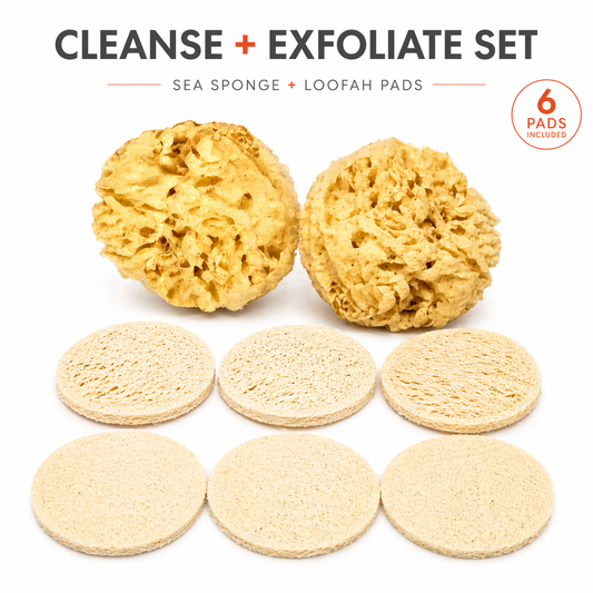 Facial Cleansing & Exfoliating Kit | Natural Sea Wool Sponges (2–3″, 2-Pack) + Loofah Pads (6-Pack)