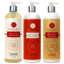 Load image into Gallery viewer, ARGAN &amp; AÇAÍ BODY WASH, BODY LOTION AND SMOOTH &amp; SUNLESS GRADUAL BRONZER TRIO 16 OUNCE
